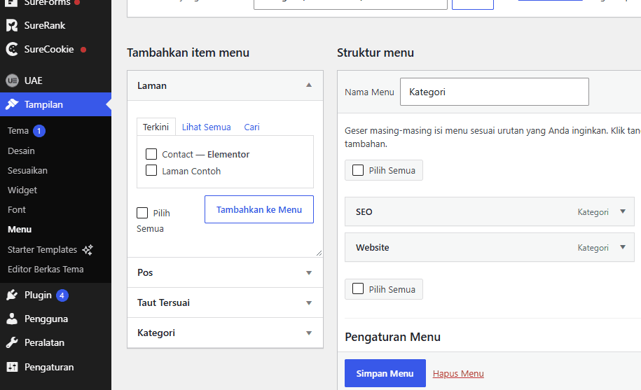 pengaturan navbar wordpress
